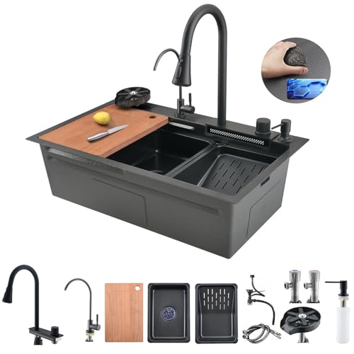 Bokaiya Küchenspüle Wasserfall, Küchenspüle Schwarz, Spülbecken Küchenspüle, Küchenspülen Edelstahl, Große Spülbecken 1 Becken, Wasserfall Spüle Waschen Mit Ausziehbar Wasserhahn Küche(75 x 45 x 21cm) von Bokaiya