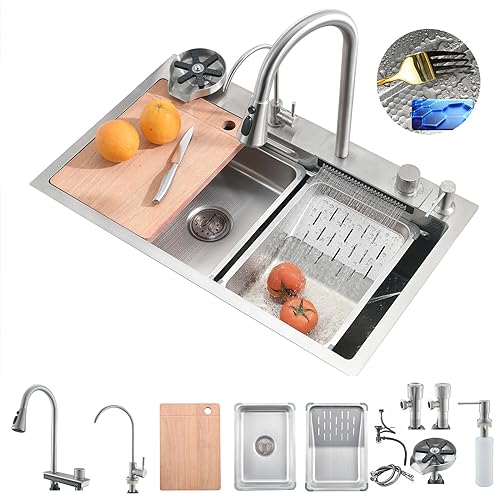 Bokaiya Raindance Nano Stainless Steel Waterfall Kitchen Sink Multifunctional Sink with Pull Out Faucet, Chopping Board and Other Accessories Work Sink Dishwasher.(68x45x21CM,Silver) von Bokaiya