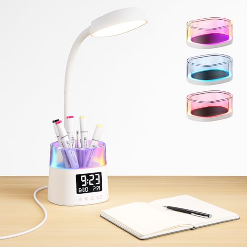 Bokefo LED Schreibtischlampe mit Stifthalter & RGB Umgebungslicht, 3 Farben Stufenlose Helligkeitsregelung Tischlampe, Uhr & Timer & 360° Flexibler Schwanenhals Nachttischlampe für Studenten Geschenk von Bokefo