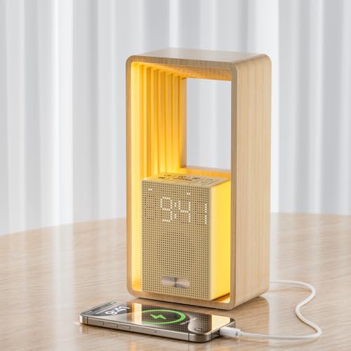 Bokefo Nachttischlampe mit USB-Ladeanschluss & Uhr, Dual-Alarm mit Aufwachlicht & Schlummerfunktion - 9 Schlafgeräusche Nachtlicht, Timer & Dimmbares Display Nachttischleuchten für Schlafzimmer, Deko von Bokefo