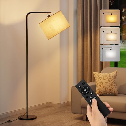 BokiHuk Stehlampe Wohnzimmer mit Fernbedienung 163cm, Modern Bogenlampe Standleuchte mit 3 Farbwechsel & Fußschalter, Beigen Leinen-Lampenschirm & E27 LED Glühbirne für Schlafzimmer Stehlampe Dimmbar von BokiHuk