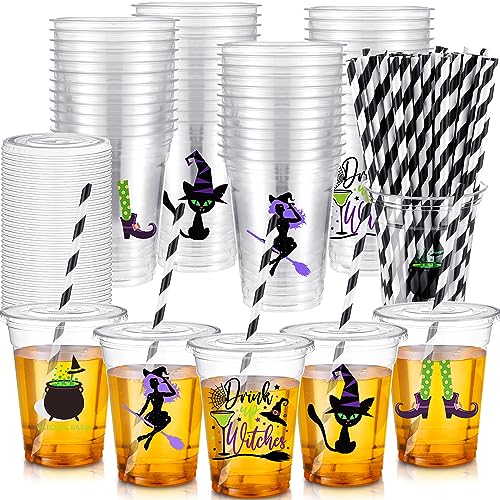 Bokon 100 Sets 340 ml Halloween-Becher mit Hexen-Motiv, transparente Kunststoffbecher, Einwegbecher mit Deckel und Papierstrohhalmen, Halloween-Partyzubehör für Halloween-Party, Kaffee, Bier, von Bokon