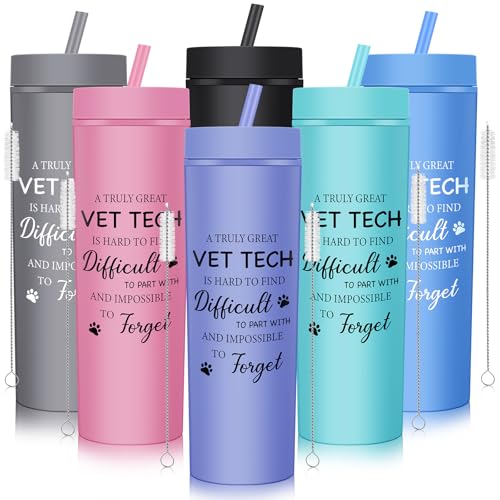 Bokon 6 Stück Vet Tech Wertschätzungsgeschenke, 340 ml, wiederverwendbare Kunststoffbecher mit Deckel und Strohhalmen, inspirierendes Tierarzt-Geschenk für Tierärzte, Techniker, Abschluss, Geburtstag von Bokon