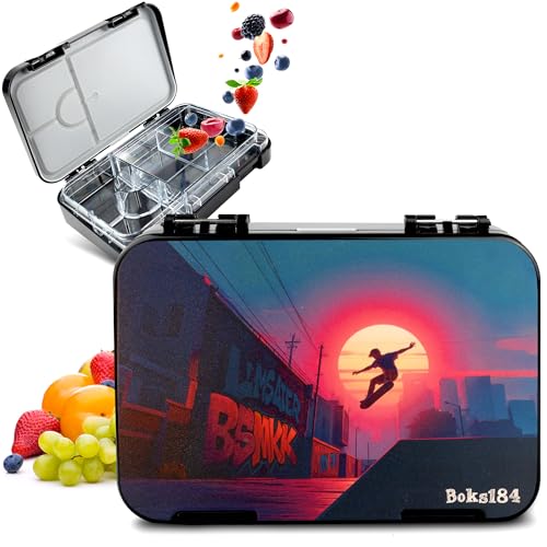Boks184 Brotdose Kinder mit Fächern - Bento Box auslaufsicher - robust - BPA Frei Lunchbox - Brotbox für Schule, Kindergarten & Ausflüge - Snackbox -Vesperbox (Skater schwarz) von Boks184