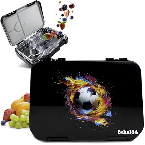Boks184 Brotdose Kinder mit Fächern - Bento Box auslaufsicher - robust - BPA Frei Lunchbox - Brotbox für Schule, Kindergarten & Ausflüge - Snackbox -Vesperbox (Fussball schwarz) von Boks184