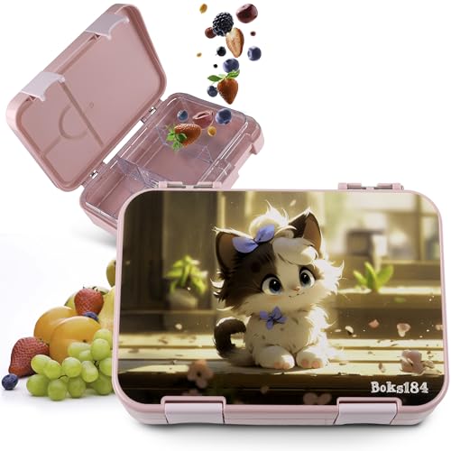 Boks184 Brotdose Kinder mit Fächern - Bento Box auslaufsicher - robust - BPA Frei Lunchbox - Brotbox für Schule, Kindergarten & Ausflüge - Snackbox -Vesperbox (Katze rosa) von Boks184