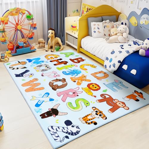 Bolacrom Kinder-Teppiche für Spielzimmer, 90 x 122 cm, pädagogischer Teppich zum Lernen des ABC-Alphabets, weich, maschinenwaschbar, rutschfest, niedlicher Tierteppich für Klassenzimmer, Kleinkind von Bolacrom