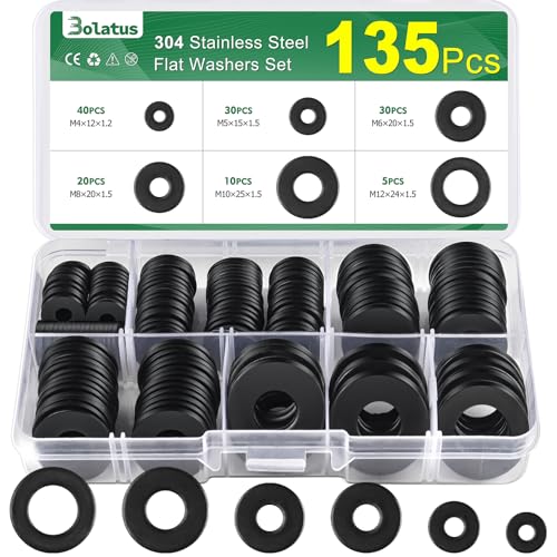 135 Stück Unterlegscheiben Set Schwarz, Bolatus Edelstahl Beilagscheiben Sortiment 6 Größen, Karosseriescheiben M4 M5 M6 M8 M10 M12, Flach Unterlegscheiben Edelstahl für Schrauben & Muttern 135 Stück Unterlegscheiben Set Schwarz, Bolatus Edelstahl Beilagscheiben Sortiment 6 Größen, Karosseriescheiben M4 M5 M6 M8 M10 M12, Flach Unterlegscheiben Edelstahl für Schrauben & Muttern von Bolatus