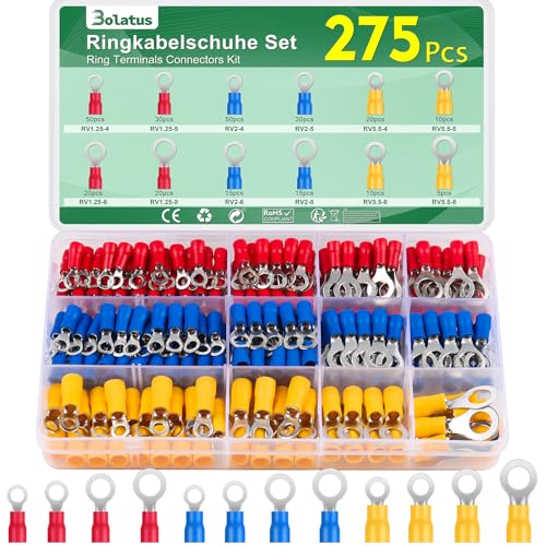 275 Stück 0.5-6mm² Ringkabelschuhe, Bolatus Kabelschuhe Set M4/M5/M6/M8 Kabelösen, 12 Größe Teilisoliert Quetschverbinder Ringkabelschuhe Set für Garagen, Autoteile von Bolatus