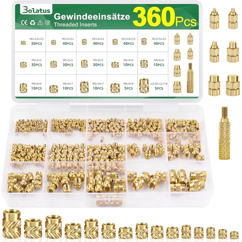 360 Stk Gewindeeinsatz M2 M2.5 M3 M4 M5 M6, Bolatus Einschmelzmuttern Messing mit Lötkolben Einschmelzhilfe, Gerändelt Einschmelzgewinde für Kunststoffteile, Gewindeeinsätze für 3D-Drucker Teile von Bolatus