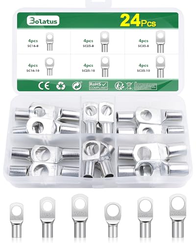 Bolatus 24 Stück Rohrkabelschuhe Set, Kabelschuhe 16mm², 25mm², 35mm² Ringkabelschuhe aus Verzinntem Kupfer für Kfz Ringösen M8 M10 von Bolatus