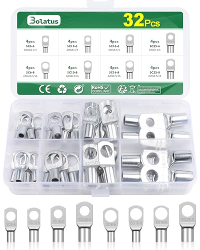 Bolatus 32 Stück Rohrkabelschuhe Set, Kabelschuhe 6mm², 10mm², 16mm², 25mm² Ringkabelschuhe aus Verzinntem Kupfer für Kfz Ringösen M6 M8 von Bolatus