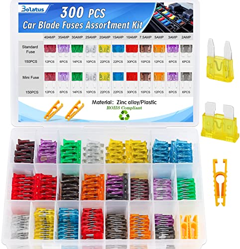 Bolatus KFZ Sicherungen, 300 Stk Auto Sicherungen Standard und Mini Autosicherungen Set Gemischt Flachsicherungen Autosicherung 2A 3A 5A 7.5A 10A 15A 20A 25A 30A 35A 40A mit 2 Sicherungszieher von Bolatus