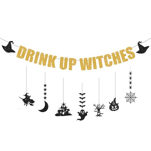 Drink Up Witches Banner Halloween Hexen Banner Hexen Halloween Banner für Hexen Party Dekorationen (Gold 2) von Boliyoooki