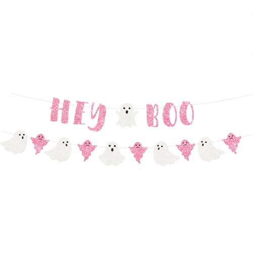 Hey Boo Glitter Ghost Banner - Happy Halloween Party Supplies (Pink) von Boliyoooki