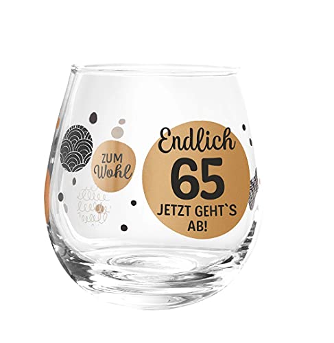 Trinkglas, Whiskyglas, Wasserglas oder auch Weinglas mit Spruch zum 65. Geburtstag Endlich 65"" von Bollweg