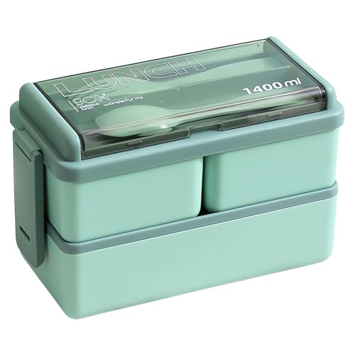 BoloShine 1400ML Brotdose mit Fächern, Bento Box für Erwachsene Kinder, Robust und Auslaufsicher Lunchbox mit 3 Fächern und Besteck Für Schule, Arbeit, Picknick, Reisen (Grün) von BoloShine