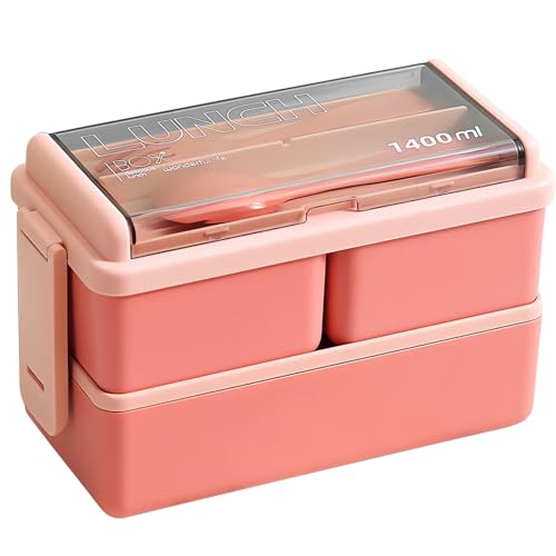 BoloShine 1400ML Brotdose mit Fächern, Bento Box für Erwachsene Kinder, Robust und Auslaufsicher Lunchbox mit 3 Fächern und Besteck Für Schule, Arbeit, Picknick, Reisen (Rosa) von BoloShine