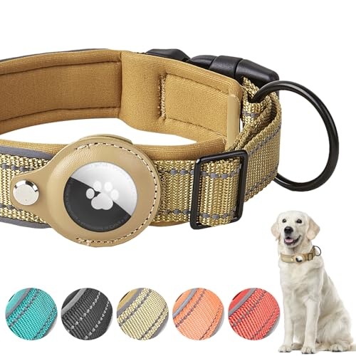 Boloshine AirTag Hundehalsband, Verstellbares Reflektierend Halsband Hund, Integriertes Apple Air Tag Hundehalsband Weich Gepolstertes für Große Mittelgroße Kleine Hunde (Khaki, XL) von BoloShine
