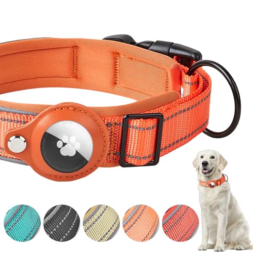 Boloshine AirTag Hundehalsband, Verstellbares Reflektierend Halsband Hund, Integriertes Apple Air Tag Hundehalsband Weich Gepolstertes für Große Mittelgroße Kleine Hunde (Orange, L) von BoloShine