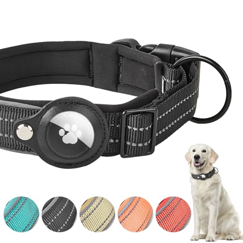 Boloshine AirTag Hundehalsband, Verstellbares Reflektierend Halsband Hund, Integriertes Apple Air Tag Hundehalsband Weich Gepolstertes für Große Mittelgroße Kleine Hunde (Schwarz, S) von BoloShine