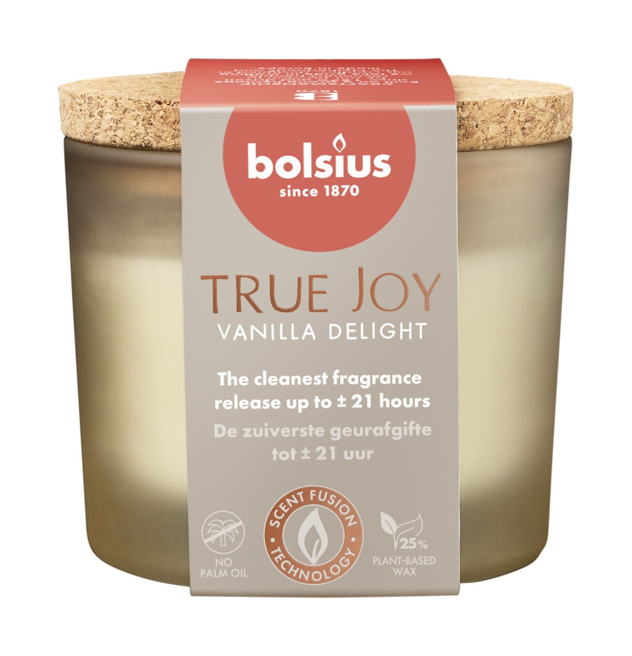 Bolsius Duftkerze True Joy Vanilla Delight 7 cm im Glas mit Korkdeckel von Bolsius