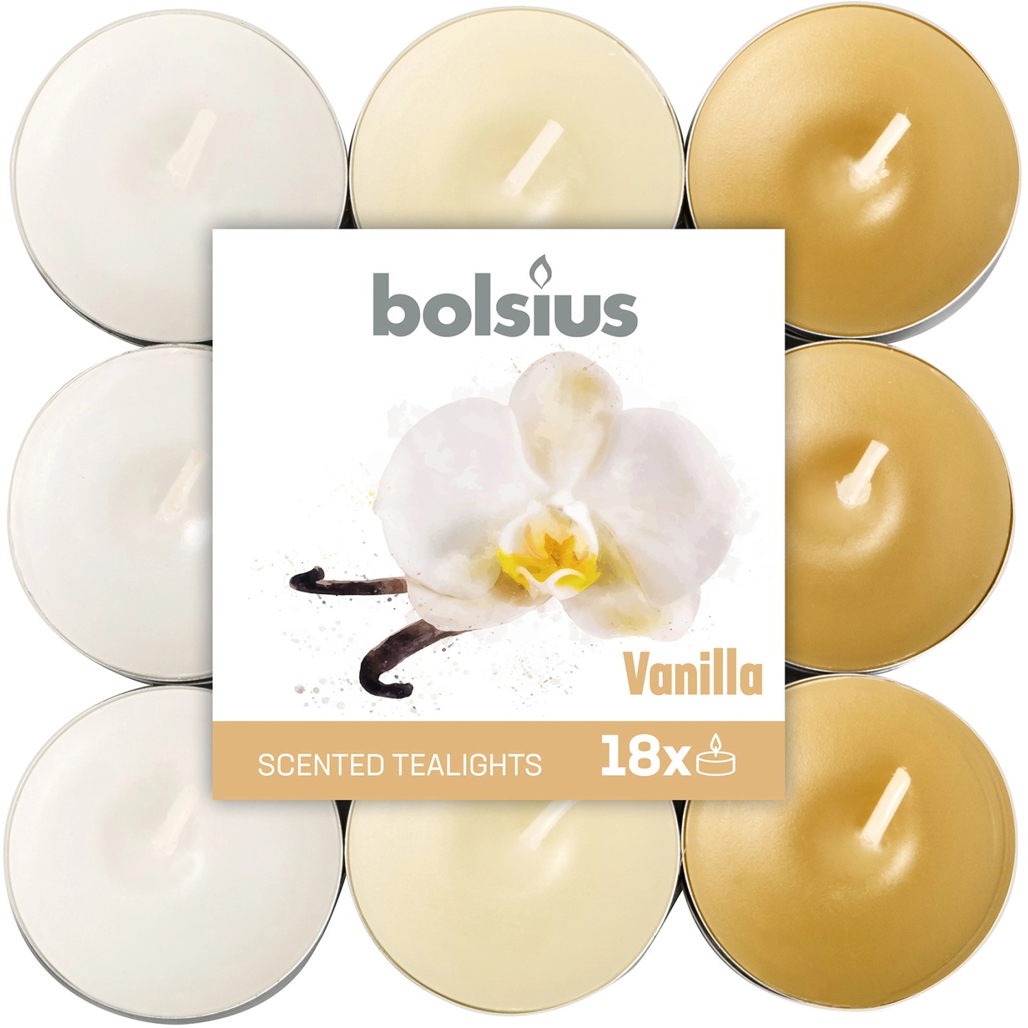 Bolsius Duftteelichter in drei Farben Vanille 18 Stück von Bolsius