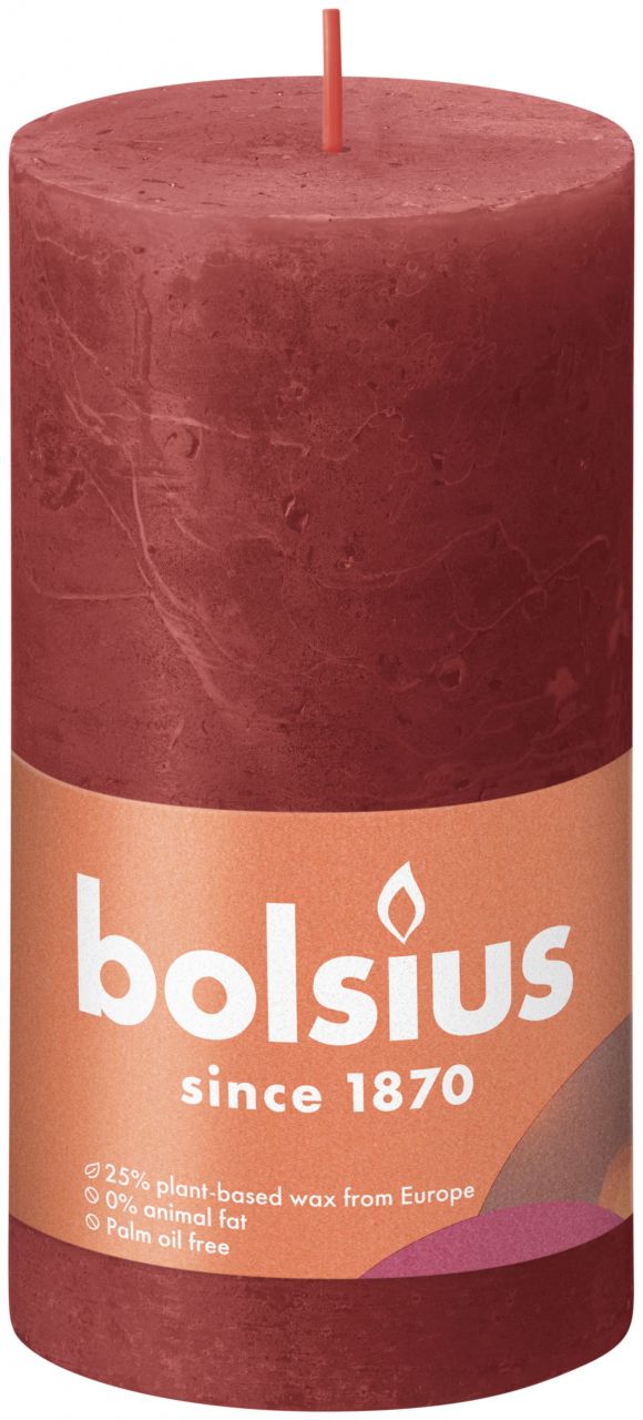 Bolsius Rustik Stumpenkerze zartes rot, Höhe: 13 cm, Ø 6,8 cm von Bolsius