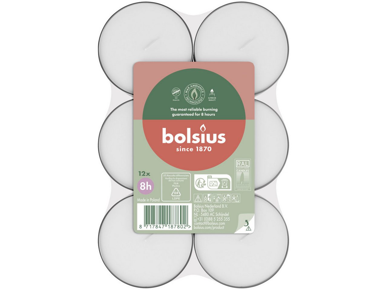 Bolsius Teelicht Bolsius Maxi-Teelichter weiß 8h 12er Pack von Bolsius