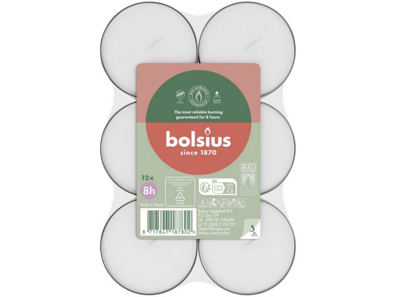 Bolsius Teelicht Bolsius Maxi-Teelichter weiß 8h 12er Pack von Bolsius