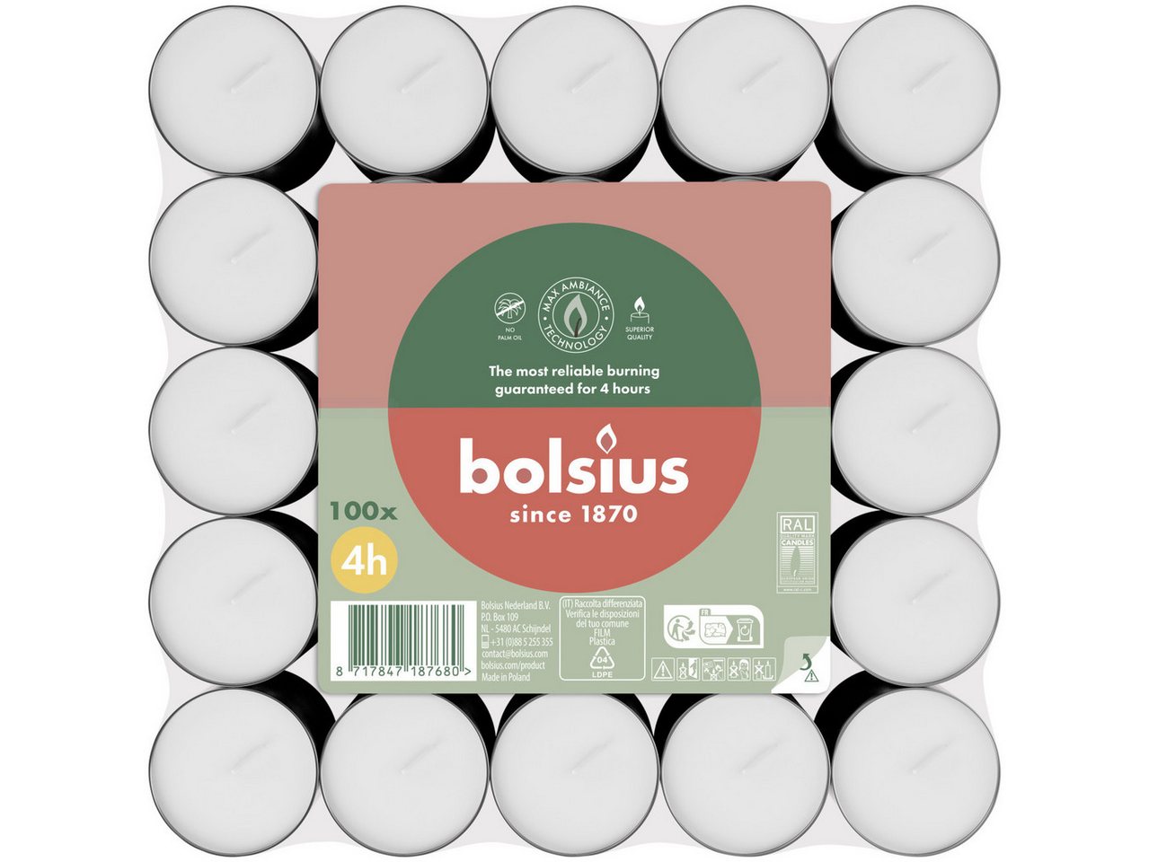 Bolsius Teelicht Bolsius Teelichte 100er Flatpack 4 Stunden weiß von Bolsius