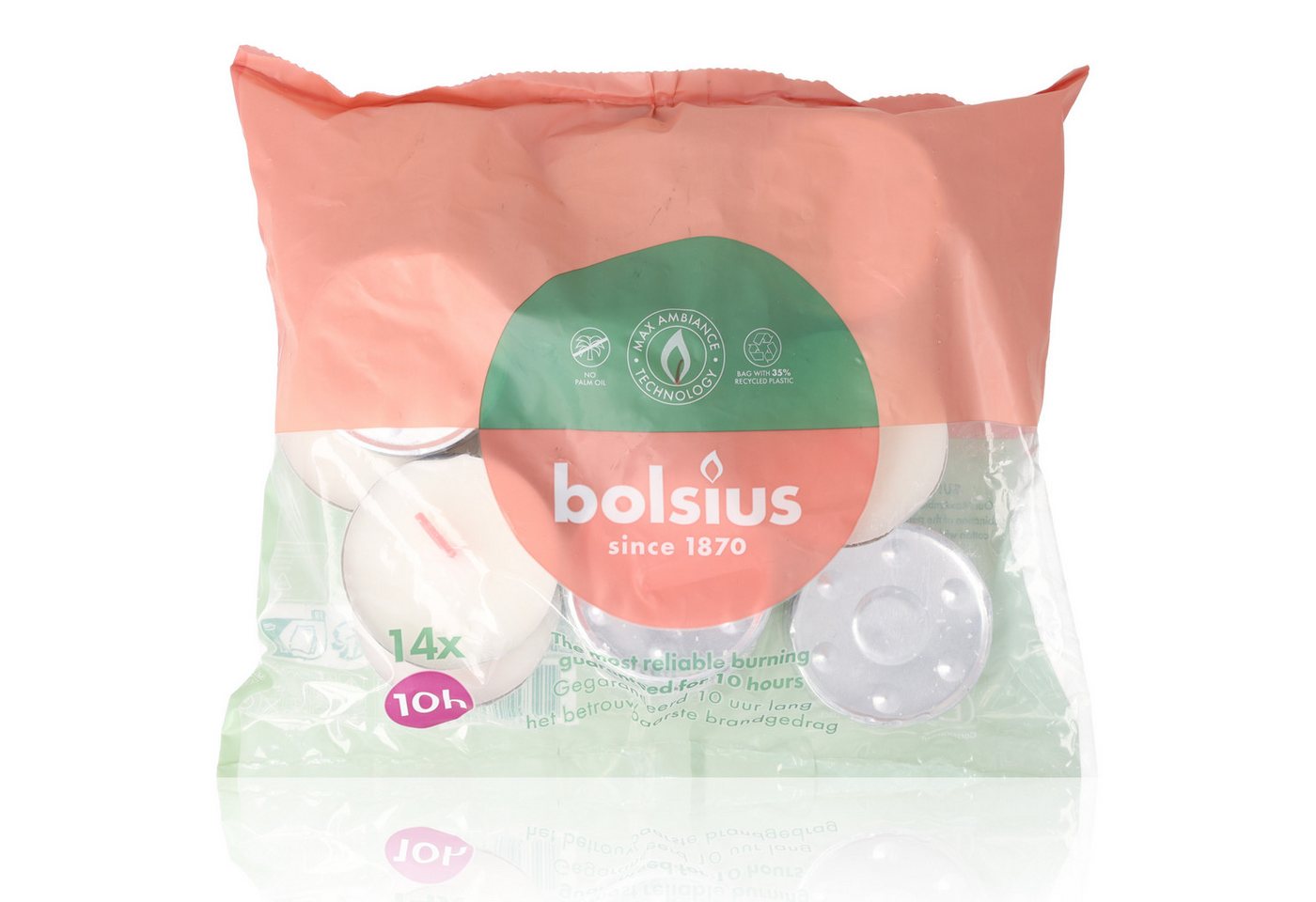 Bolsius Teelicht Bolsius Teelichte Maxi 10 Stunden Brenndauer 14 Stück (Baumwolldocht, 14-tlg., qualmen / tropfen nicht), palmölfrei aus pflanzlichem Wachs von Bolsius
