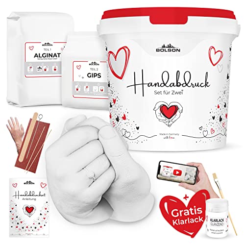 Bolson 3D Handabdruckset für Paare - detailgetreues Gipsabdruckset mit Alginat - Set für 2 Erwachsene Hände mit GRATIS Klarlack & Pinsel - Super Geschenkidee zum Hochzeitstag, Jahrestag, Geburtstag von Bolson
