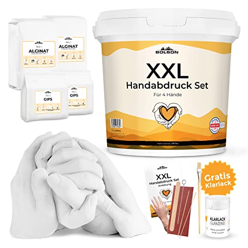 Bolson 3D XXL Handabdruck Set für Familie & Freunde - detailgetreues Gipsabdruckset - Set für 4 Hände mit GRATIS Klarlack & Pinsel - Super Geschenkidee zum Hochzeitstag, Jahrestag, Geburtstag von Bolson