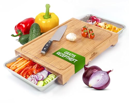 Bolson Bambus Schneidebrett mit 2 Auffangschalen - Bambus Holzbrett mit hochwertigen Edelstahl Auffangwannen - Praktischer Küchenhelfer mit 2 robusten Behältern - Plus 12 Gratis Rezepte & Tipps von Bolson