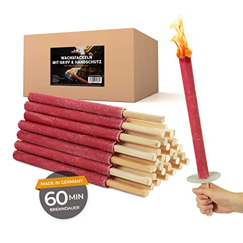 Bolson Wachsfackeln 60 Min (100 Stück) Gartenfackel aus Wachs mit Handschutz & Griff für Kinder & Erwachsene - in Deutschland hergestellte Fackel f. Draußen - ideal f. Fackelwanderung, Garten, Outdoor von Bolson