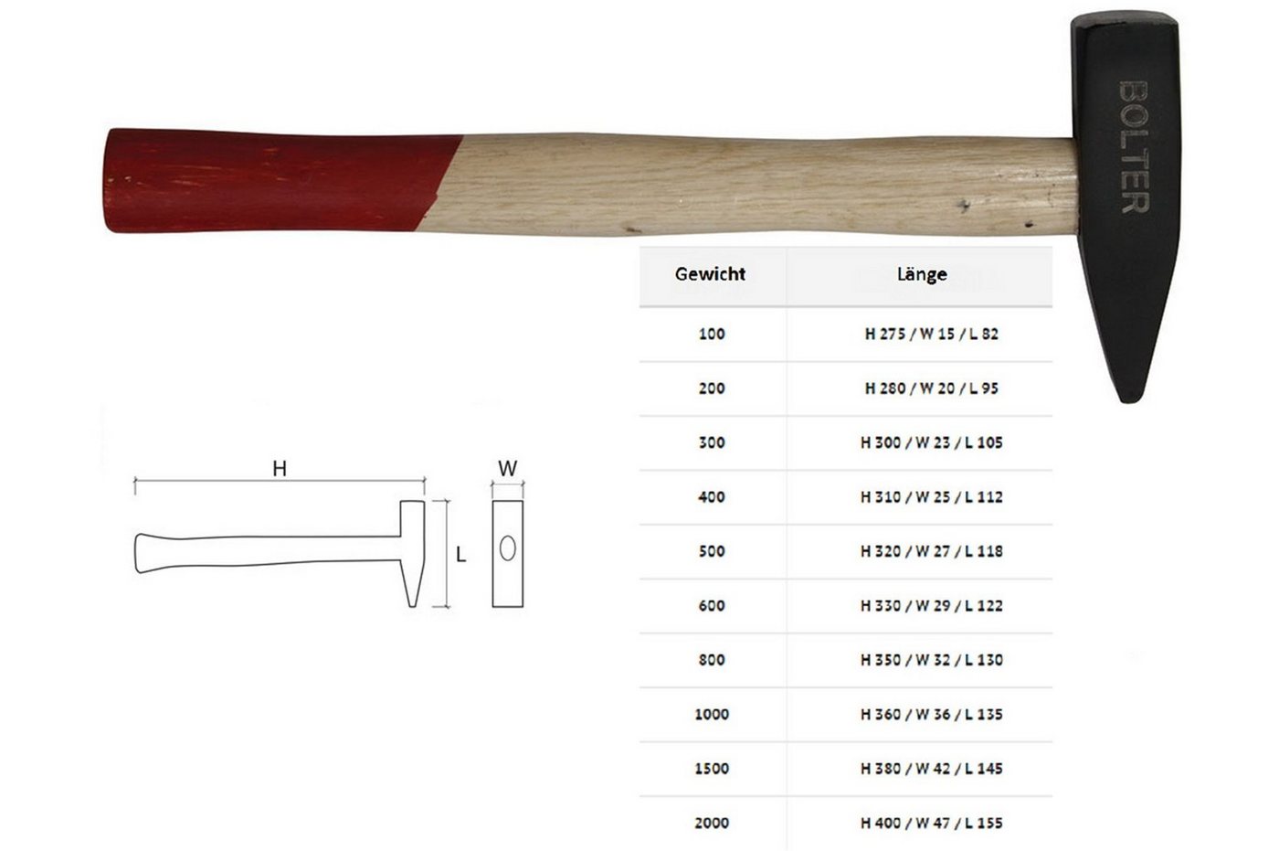 Bolter Hammer Schlosserhammer mit Holzstiel von Bolter