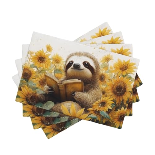 BoltPack Platzsets mit Faultier-Sonnenblumen-Druck, 30,5 x 45,7 cm, hitzebeständig, für Esszimmer, Zuhause, Urlaub, Party, Dekoration, 4 Stück von Boltpack