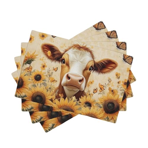BoltPack Platzsets mit Kuh-Sonnenblumen- und Schmetterlings-Aufdruck, hitzebeständig, 30,5 x 45,7 cm, für Esszimmer, Zuhause, Urlaub, Party, Dekoration, 4 Stück von Boltpack