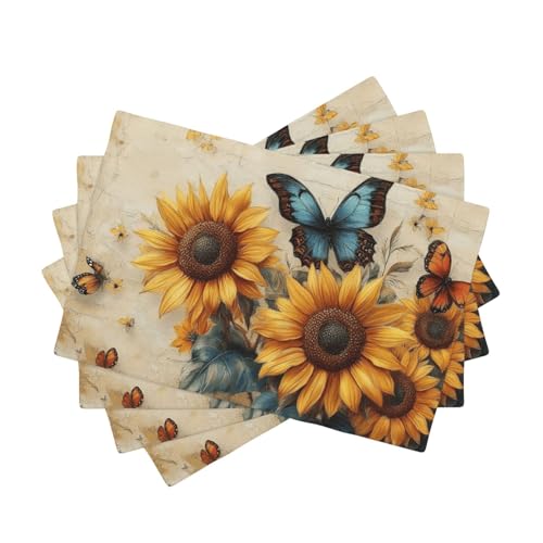 BoltPack Platzsets mit Sonnenblumen- und Schmetterlings-Aufdruck, 30,5 x 45,7 cm, hitzebeständig, für Esszimmer, Zuhause, Urlaub, Party, Dekoration, 4 Stück von Boltpack
