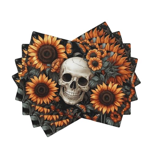 BoltPack Platzsets mit Totenkopf-Sonnenblumen- und Schmetterlings-Aufdruck, hitzebeständig, 30,5 x 45,7 cm, für Esszimmer, Zuhause, Urlaub, Party, Dekoration, 4 Stück von Boltpack