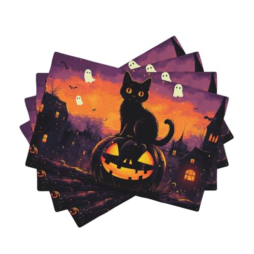 BoltPack Platzsets mit schwarzer Katze, Kürbis-Geisterdruck, hitzebeständig, 30,5 x 45,7 cm, 4 Stück, für Esszimmer, Zuhause, Urlaub, Party-Dekoration von Boltpack