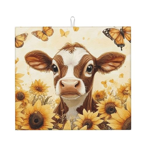 Boltpack Abtropfmatte mit Kuh-Sonnenblumen-Motiv, 46 x 41 cm, saugfähige Mikrofaser-Abtropfmatte für Geschirr, 46 x 41 cm von Boltpack
