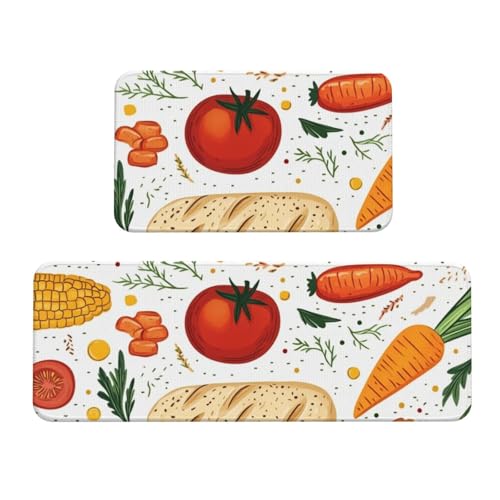 Boltpack Küchenteppich-Set, Brot, Gemüse, Lebensmitteldruck, 2-teilig, für Zuhause, Küche, Bodendekoration, rutschfest, waschbar (43 x 120 cm + 43 x 75 cm) von Boltpack