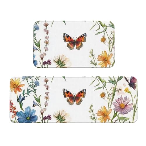 Boltpack Küchenteppich-Set mit Blumen- und Schmetterlingsdruck, 2-teilig, für Zuhause, Küche, Bodendekoration, rutschfest, waschbar (43 x 120 cm + 43 x 75 cm) von Boltpack