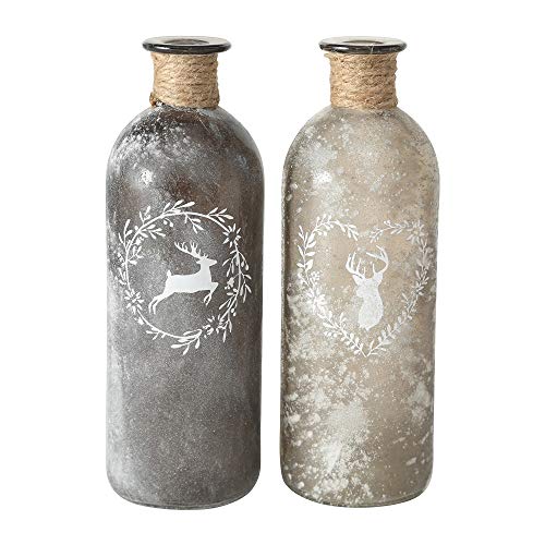 2 x Flaschenvase Hirsch mit Sisalband Glas grau hoch Landhausstil Flasche Vase Tischvasen Glasflaschen Dekoflaschen Väschen Vasen Glasvasen 21x7 cm von BOLTZE