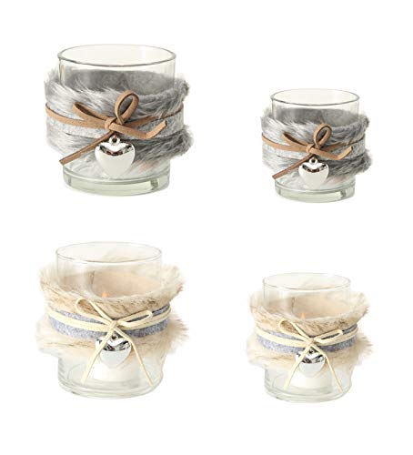 4 x Teelichthalter Glas grau creme mit Fell Band und Herz Höhe 8-13 cm Windlicht Deko Tischdeko Landhausstil von BOLTZE