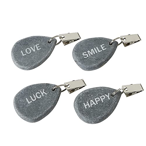 4er Set Tischdeckenbeschwerer aus Naturstein - Mit Stahlclips, maximale Klemmkraft - Insgesamt ca. 240 g schwer - Happy, Luck, Love, Smile Aufdruck - Ideal für den gedeckten Tisch von BOLTZE