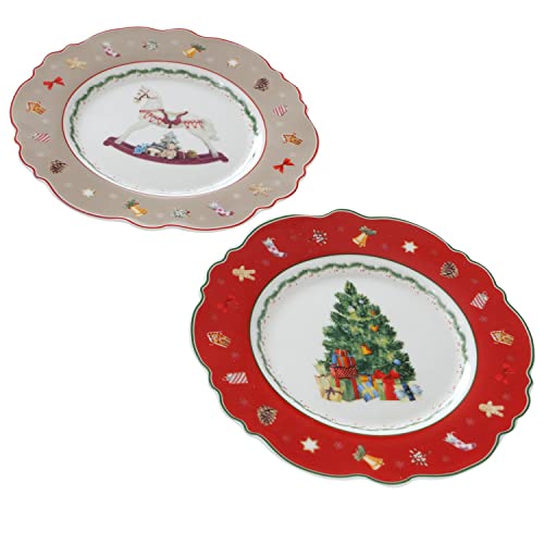 BOLTZE 2tlg Set Delight Kuchenteller I 2 Personen I Gebäckteller 1x Beige mit Schaukel-Pferd & 1x Rot mit Tannenbaum I Plätzchen, Kekse I Frühstücks- oder Dessertteller flach I Keramik von BOLTZE