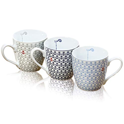 Boltze 3 Coffee Mugs 'Ebbe & Flood' Anchor Blue, Grey, Red & White 400 ml von BOLTZE